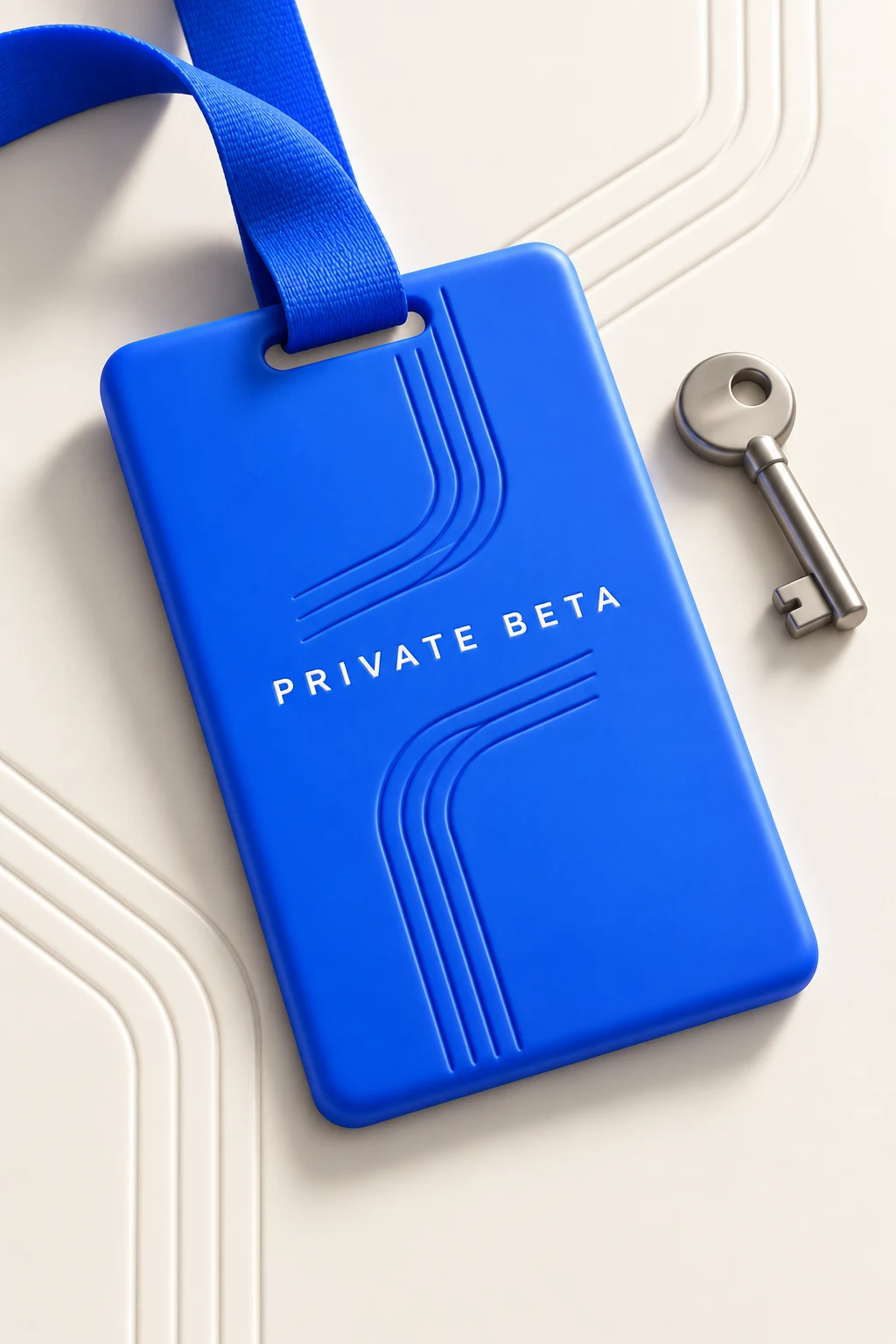 Blue private beta access pass with a lanyard and silver key. Enter your invite code to join.